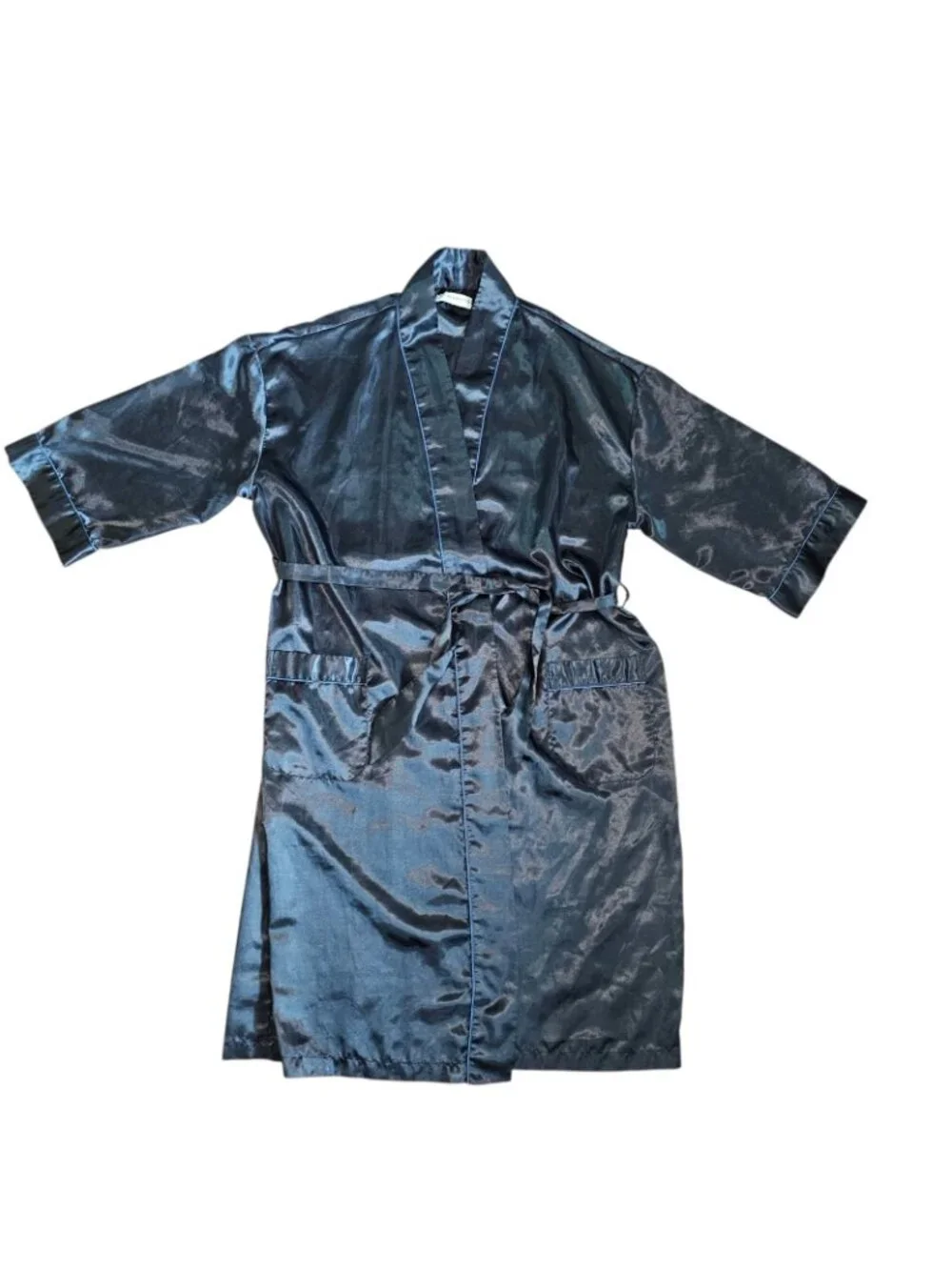 VTG Mens Satin Robe Black Blue Trim Sz One Size Mid-length Shiny Sexy‎